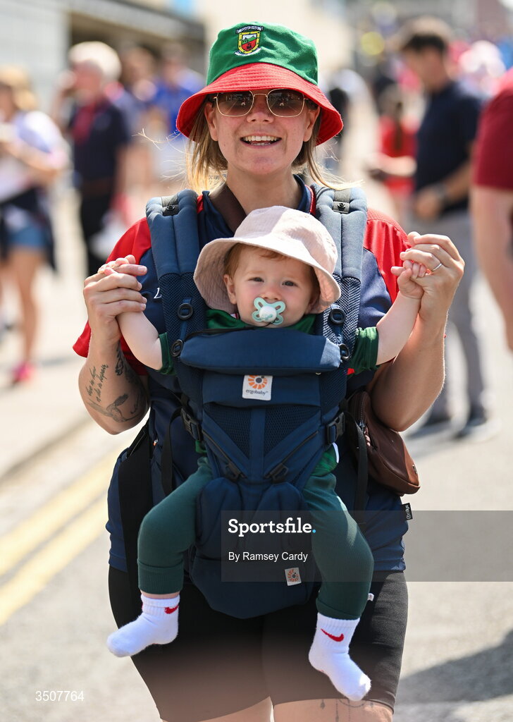 11 July 2026; Mayo supporters Hannah Gilmore, and Iarla, age 10 months, from Foxford, before the GAA Football All-Ireland Senior Championship semi-final match between Mayo and Louth at Croke Park in Dublin. Photo by Ramsey Cardy/Sportsfile