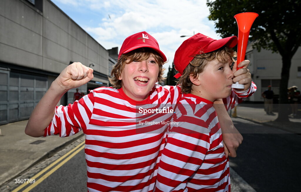 11 July 2026; Louth supporters Oran, left, and Otto Commins before the GAA Football All-Ireland Senior Championship semi-final match between Mayo and Louth at Croke Park in Dublin. Photo by Stephen McCarthy/Sportsfile