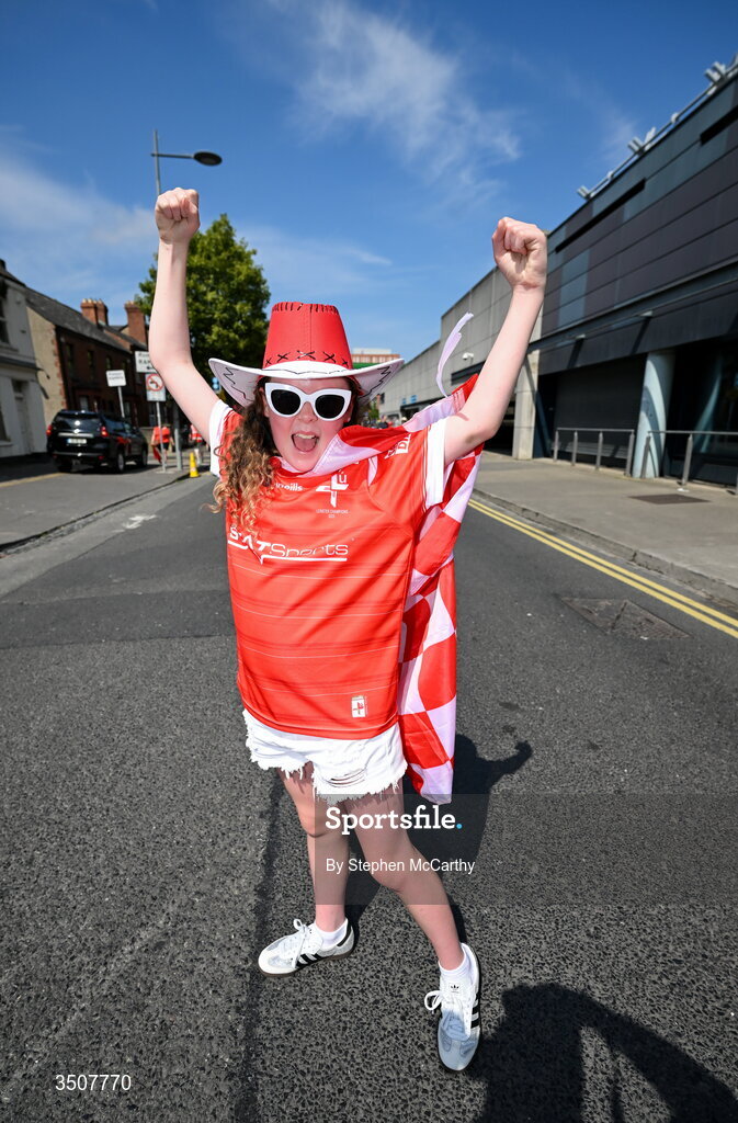 11 July 2026; Louth supporter Annie Mulholland before the GAA Football All-Ireland Senior Championship semi-final match between Mayo and Louth at Croke Park in Dublin. Photo by Stephen McCarthy/Sportsfile
