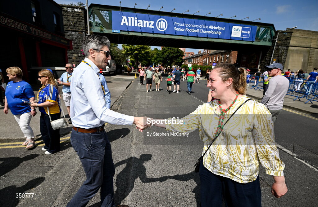 11 July 2026; Wicklow supporter and Tánaiste Simon Harris TD before the Tailteann Cup final match between Down and Wicklow at Croke Park in Dublin. Photo by Stephen McCarthy/Sportsfile