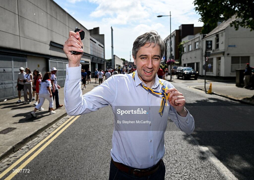 11 July 2026; Wicklow supporter and Tánaiste Simon Harris TD before the Tailteann Cup final match between Down and Wicklow at Croke Park in Dublin. Photo by Stephen McCarthy/Sportsfile