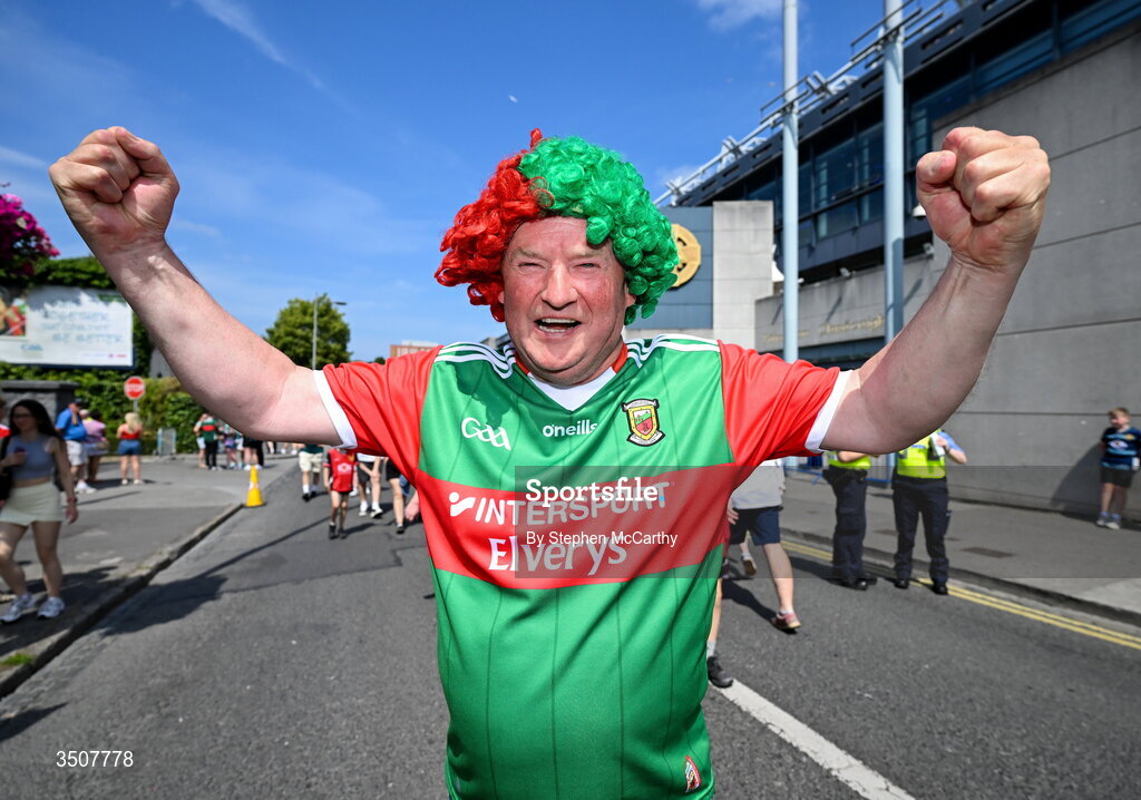 11 July 2026; Mayo supporter Tom Hickey, from Ballyhaunis, before the GAA Football All-Ireland Senior Championship semi-final match between Mayo and Louth at Croke Park in Dublin. Photo by Stephen McCarthy/Sportsfile