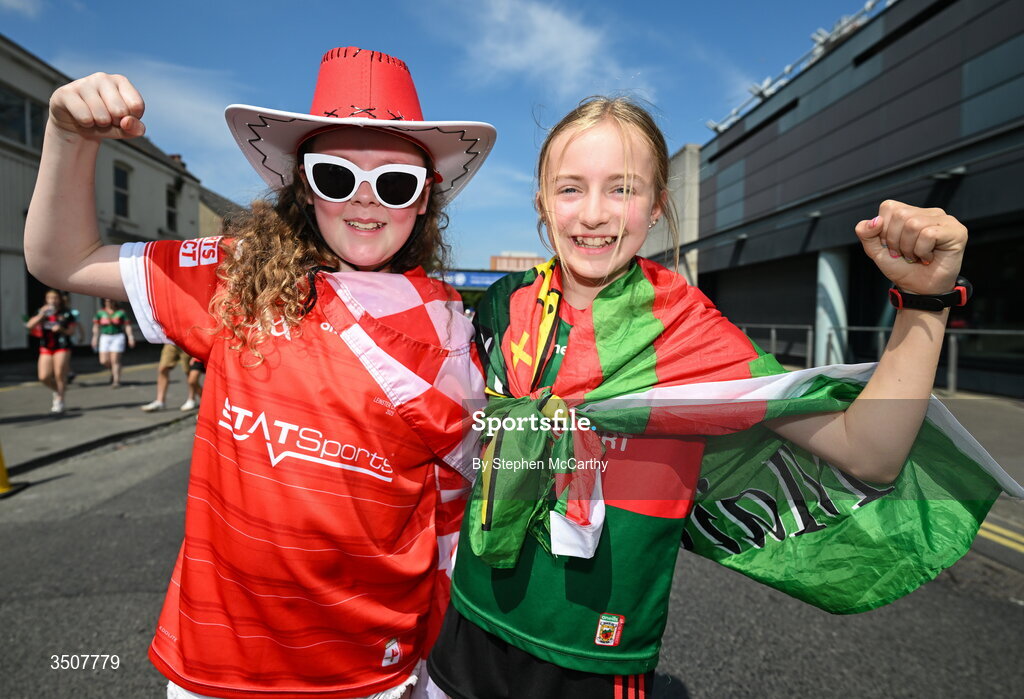 11 July 2026; Louth supporter Annie Mulholland and Mayo supporter Chloe Kirrane, from Ballhaunis, before the GAA Football All-Ireland Senior Championship semi-final match between Mayo and Louth at Croke Park in Dublin. Photo by Stephen McCarthy/Sportsfile