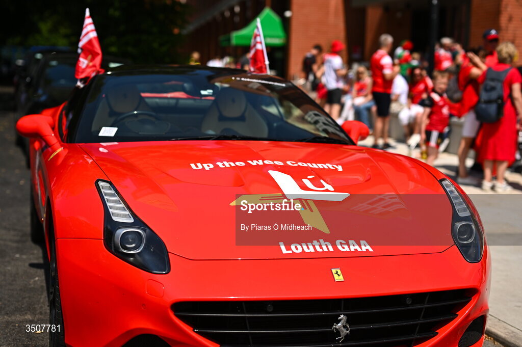 11 July 2026; A Louth Ferrari outside the stadium before the GAA Football All-Ireland Senior Championship semi-final match between Mayo and Louth at Croke Park in Dublin. Photo by Piaras Ó Mídheach/Sportsfile