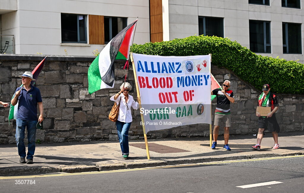 11 July 2026; Anti-Allianz protesters outside the stadium before the GAA Football All-Ireland Senior Championship semi-final match between Mayo and Louth at Croke Park in Dublin. Photo by Piaras Ó Mídheach/Sportsfile