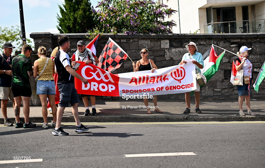 11 July 2026; Anti-Allianz protesters outside the stadium before the GAA Football All-Ireland Senior Championship semi-final match between Mayo and Louth at Croke Park in Dublin. Photo by Piaras Ó Mídheach/Sportsfile