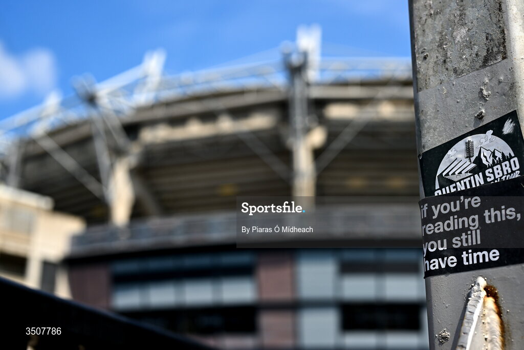 11 July 2026; Stickers on the road outside the stadium before the GAA Football All-Ireland Senior Championship semi-final match between Mayo and Louth at Croke Park in Dublin. Photo by Piaras Ó Mídheach/Sportsfile