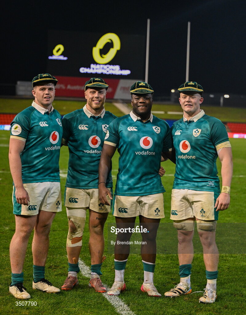 11 July 2026; Ireland players, from left, Billy Bohan, Sean Jansen, Sam Illo and Bryn Ward with their first international cap after the 2026 Nations Championship Round Two match between Japan and Ireland at McDonald Jones Stadium in Newcastle, Australia. Photo by Brendan Moran/Sportsfile