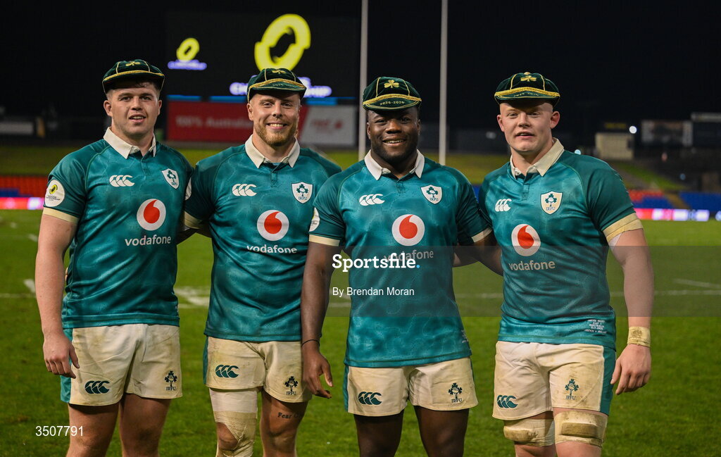11 July 2026; Ireland players, from left, Billy Bohan, Sean Jansen, Sam Illo and Bryn Ward with their first international cap after the 2026 Nations Championship Round Two match between Japan and Ireland at McDonald Jones Stadium in Newcastle, Australia. Photo by Brendan Moran/Sportsfile