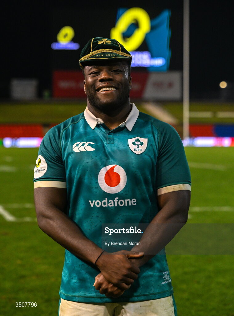 11 July 2026; Sam Illo of Ireland with his first international cap after the 2026 Nations Championship Round Two match between Japan and Ireland at McDonald Jones Stadium in Newcastle, Australia. Photo by Brendan Moran/Sportsfile