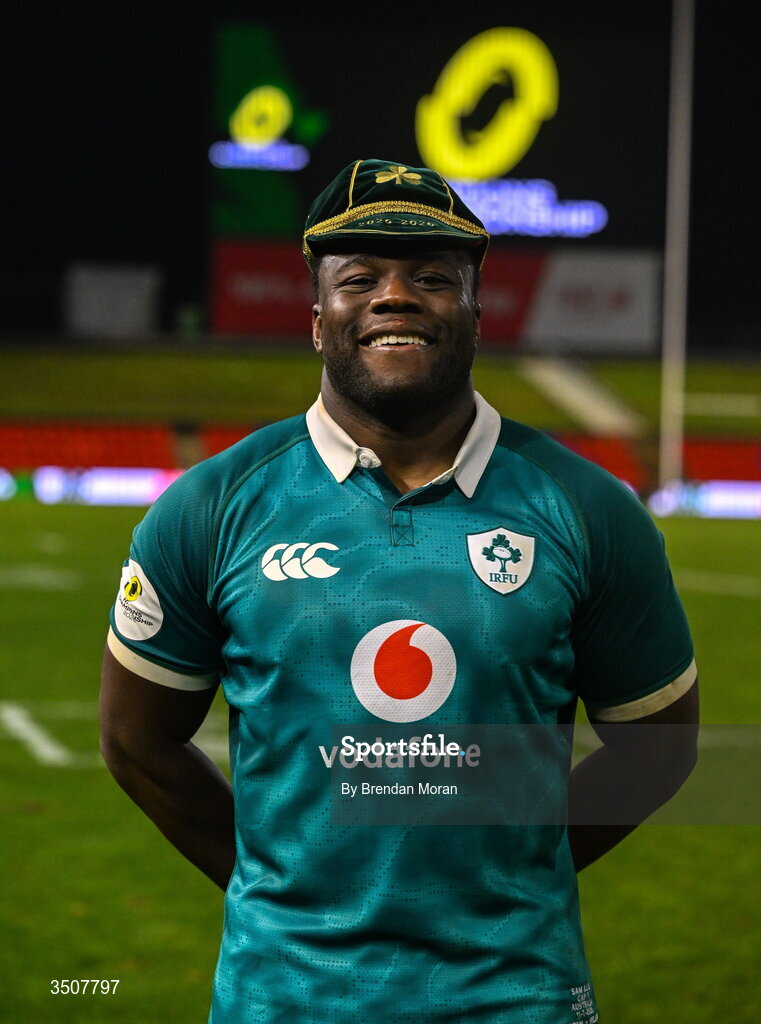 11 July 2026; Sam Illo of Ireland with his first international cap after the 2026 Nations Championship Round Two match between Japan and Ireland at McDonald Jones Stadium in Newcastle, Australia. Photo by Brendan Moran/Sportsfile