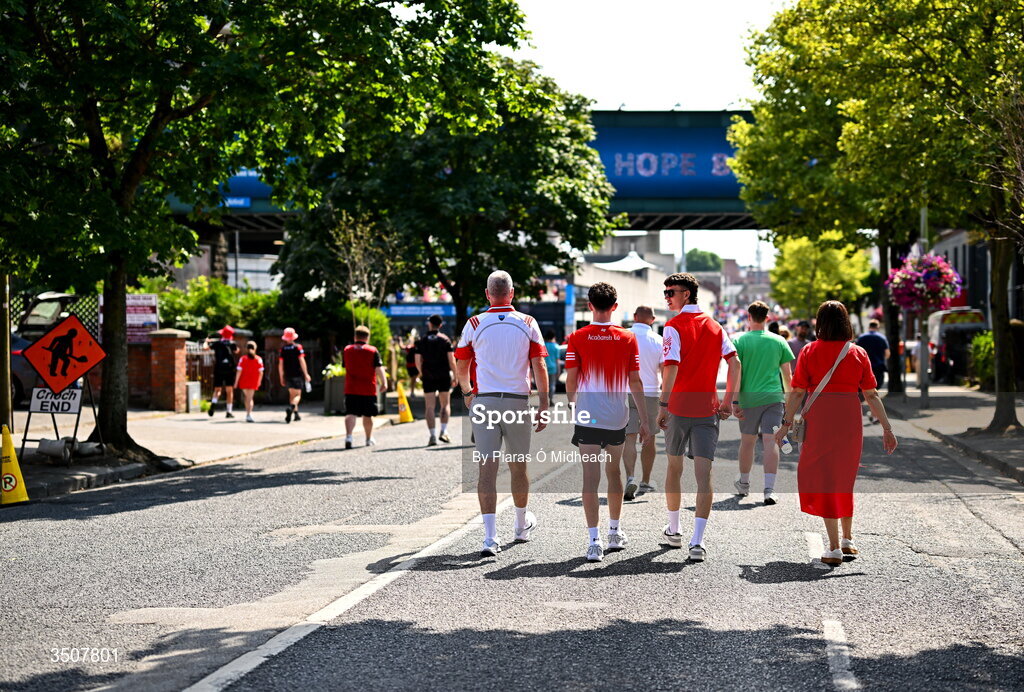 11 July 2026; Supporters outside the stadium before the GAA Football All-Ireland Senior Championship semi-final match between Mayo and Louth at Croke Park in Dublin. Photo by Piaras Ó Mídheach/Sportsfile