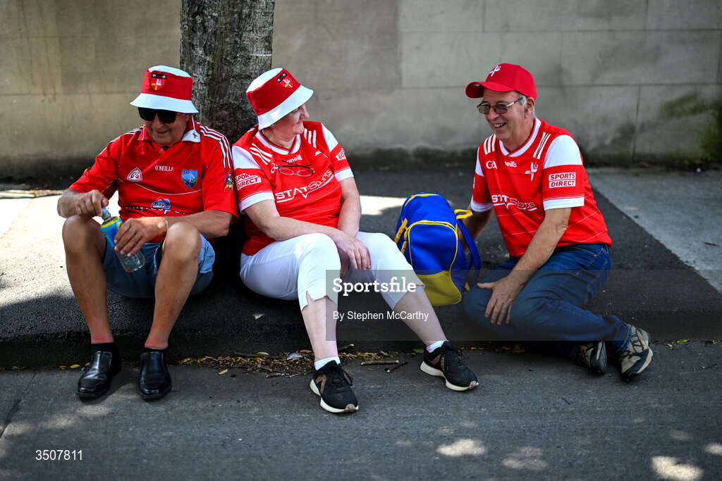 11 July 2026; Louth supporters Tom Byrne, Anne and John Taffe before the GAA Football All-Ireland Senior Championship semi-final match between Mayo and Louth at Croke Park in Dublin. Photo by Stephen McCarthy/Sportsfile