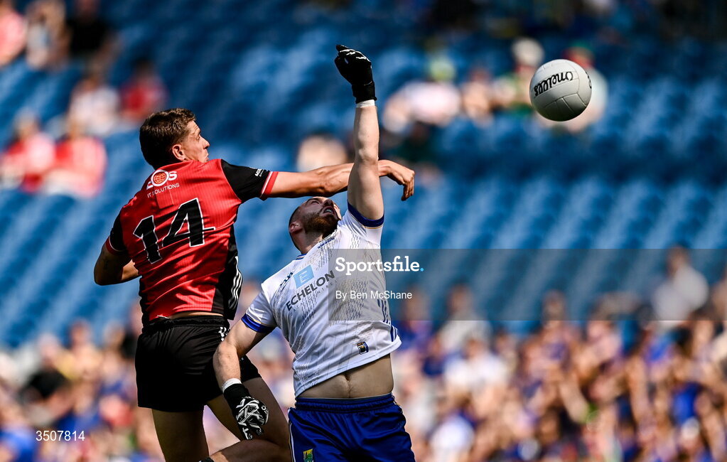 11 July 2026; Pat Havern of Down scores his side's first goal despite the efforts of Wicklow goalkeeper Mark Jackson during the Tailteann Cup final match between Down and Wicklow at Croke Park in Dublin. Photo by Ben McShane/Sportsfile
