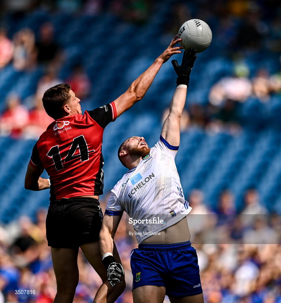 11 July 2026; Pat Havern of Down scores his side's first goal despite the efforts of Wicklow goalkeeper Mark Jackson during the Tailteann Cup final match between Down and Wicklow at Croke Park in Dublin. Photo by Ben McShane/Sportsfile
