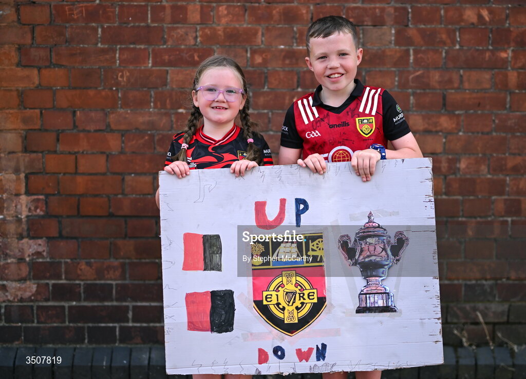 11 July 2026; Down supporters Hannah and Tom Keyes, from Belfast, before the Tailteann Cup final match between Down and Wicklow at Croke Park in Dublin. Photo by Stephen McCarthy/Sportsfile
