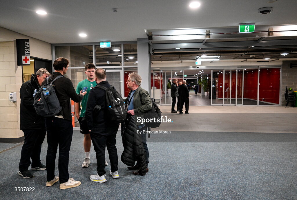 11 July 2026; Billy Bohan of Ireland is interviewed by journalists after the 2026 Nations Championship Round Two match between Japan and Ireland at McDonald Jones Stadium in Newcastle, Australia. Photo by Brendan Moran/Sportsfile