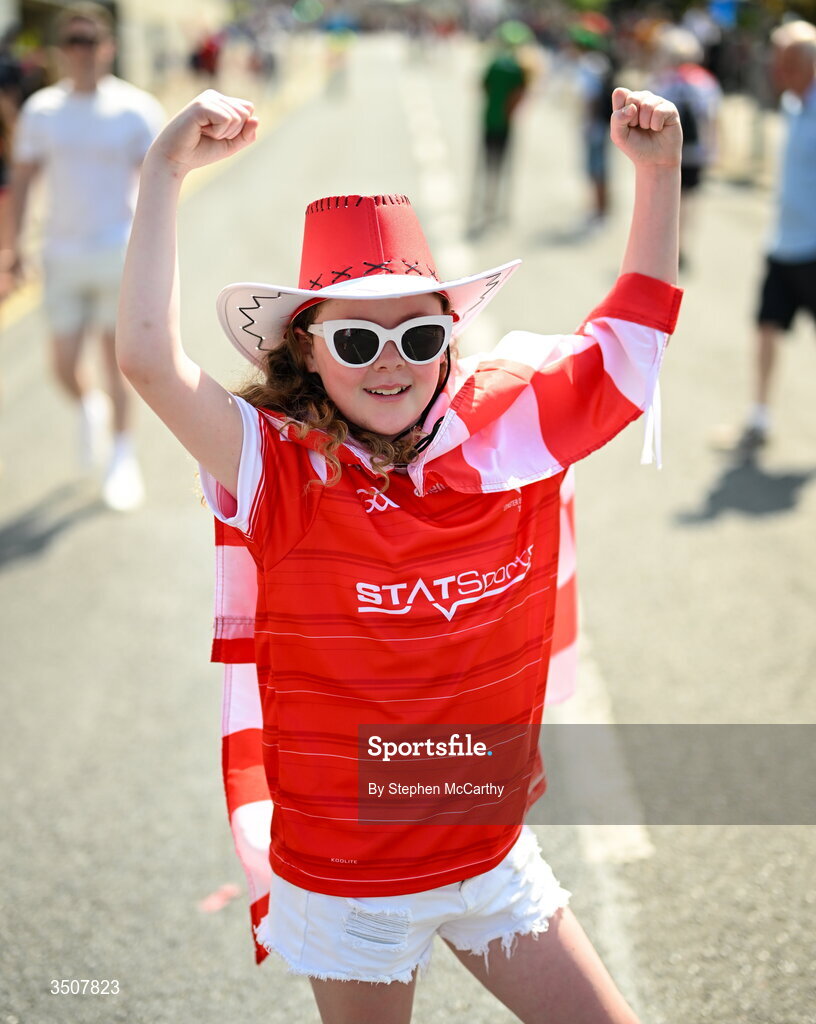 11 July 2026; Louth supporter Annie Mulholland before the GAA Football All-Ireland Senior Championship semi-final match between Mayo and Louth at Croke Park in Dublin. Photo by Stephen McCarthy/Sportsfile