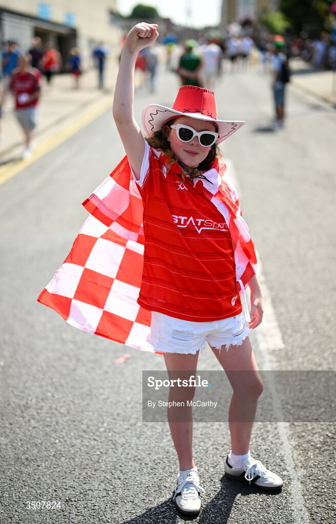 11 July 2026; Louth supporter Annie Mulholland before the GAA Football All-Ireland Senior Championship semi-final match between Mayo and Louth at Croke Park in Dublin. Photo by Stephen McCarthy/Sportsfile