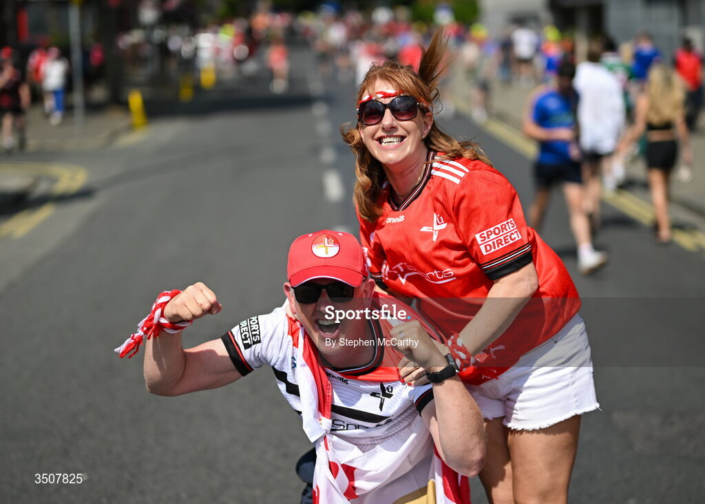 11 July 2026; Louth supporters on Jones' Road before the GAA Football All-Ireland Senior Championship semi-final match between Mayo and Louth at Croke Park in Dublin. Photo by Stephen McCarthy/Sportsfile