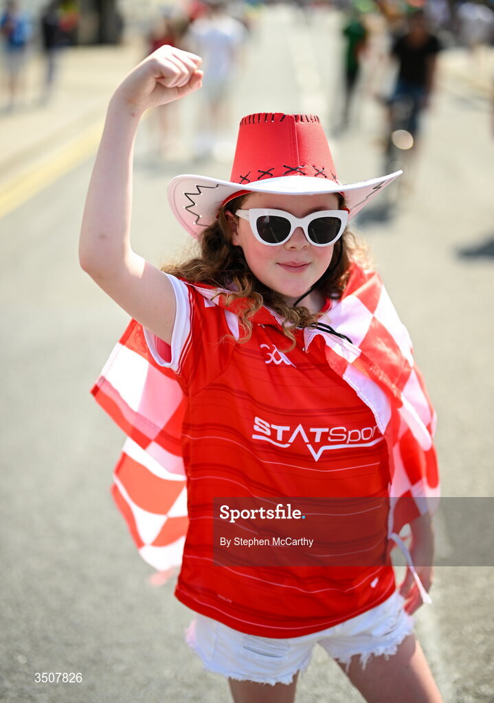 11 July 2026; Louth supporter Annie Mulholland before the GAA Football All-Ireland Senior Championship semi-final match between Mayo and Louth at Croke Park in Dublin. Photo by Stephen McCarthy/Sportsfile