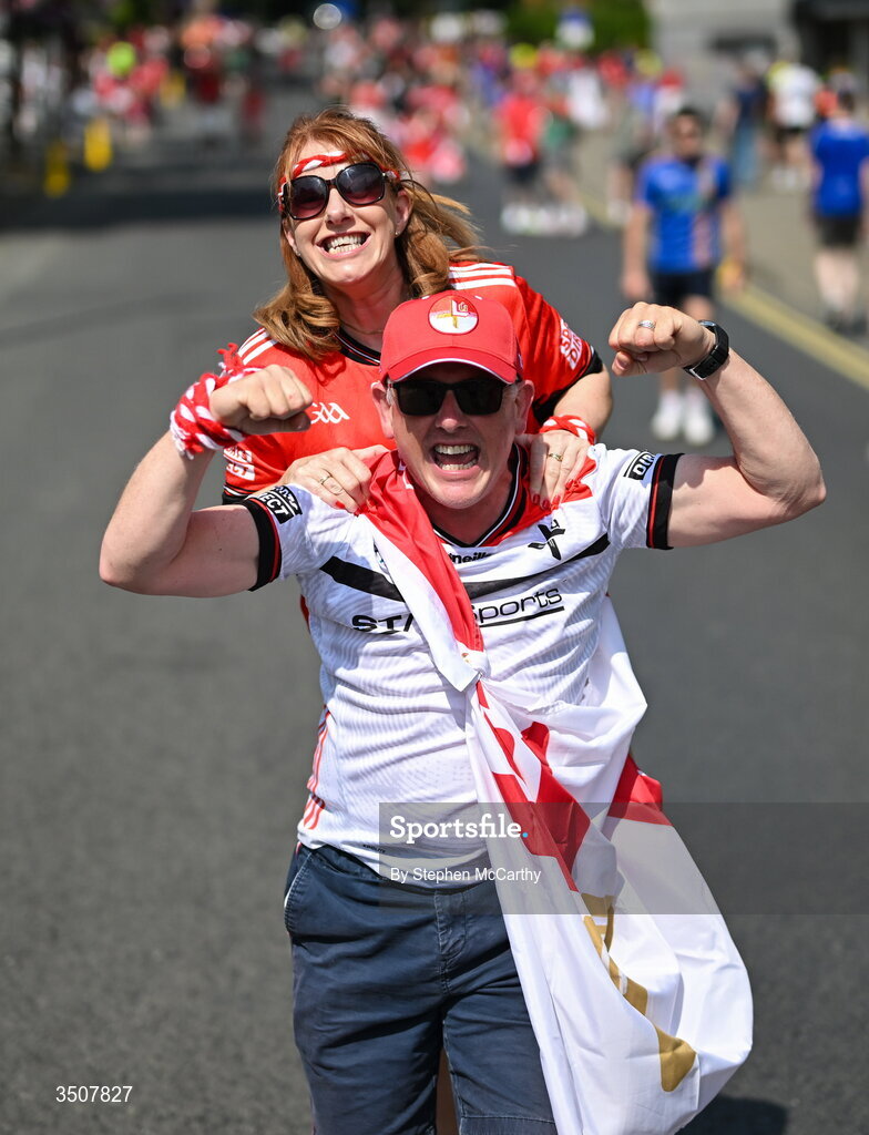 11 July 2026; Louth supporters on Jones' Road before the GAA Football All-Ireland Senior Championship semi-final match between Mayo and Louth at Croke Park in Dublin. Photo by Stephen McCarthy/Sportsfile