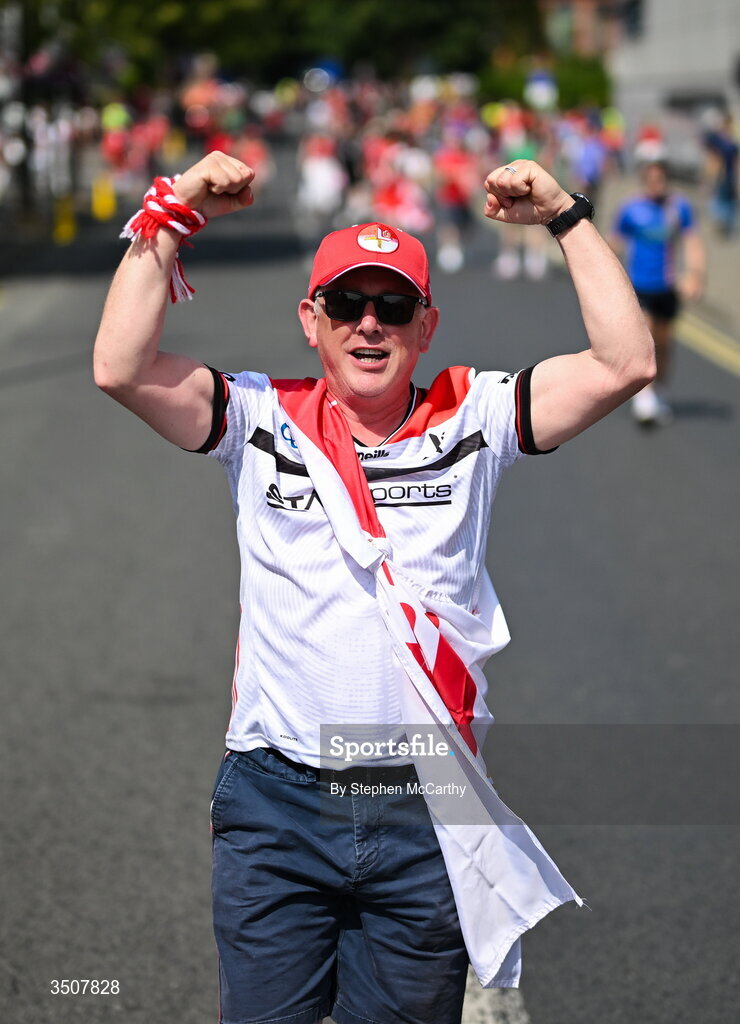 11 July 2026; A Louth supporter makes his way down Jones' Road before the GAA Football All-Ireland Senior Championship semi-final match between Mayo and Louth at Croke Park in Dublin. Photo by Stephen McCarthy/Sportsfile