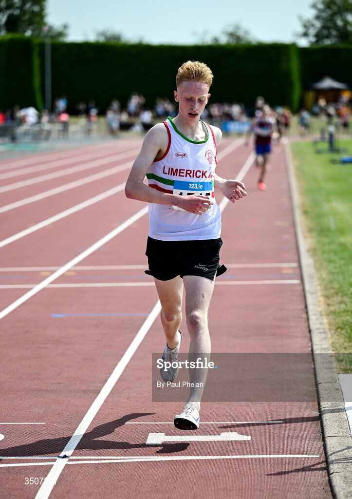 11 July 2026; Darragh Whelan of Limerick A.C. wins the U16 boy's 1500m during day three of the 123.ie National Championships at Tullamore Harriers Athletics Club in Tullamore, Offaly. Photo by Paul Phelan/Sportsfile
