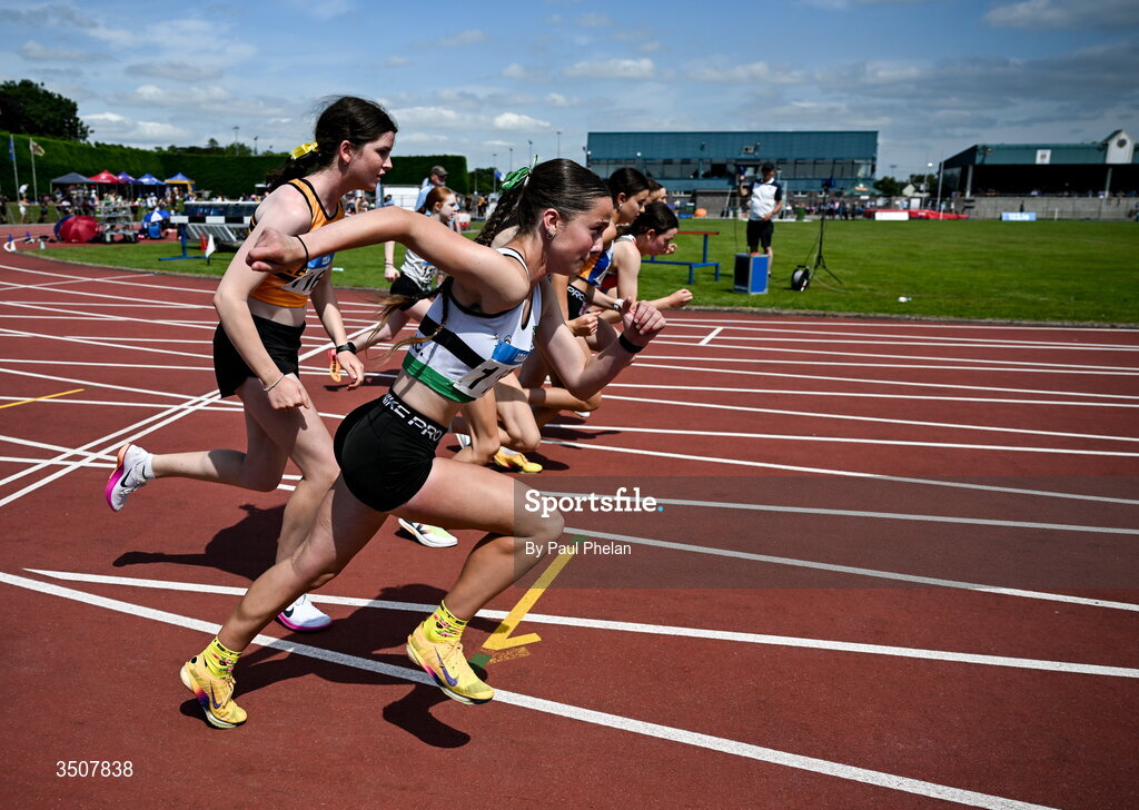 11 July 2026; The U17 girl's 1500m starts during day three of the 123.ie National Championships at Tullamore Harriers Athletics Club in Tullamore, Offaly. Photo by Paul Phelan/Sportsfile