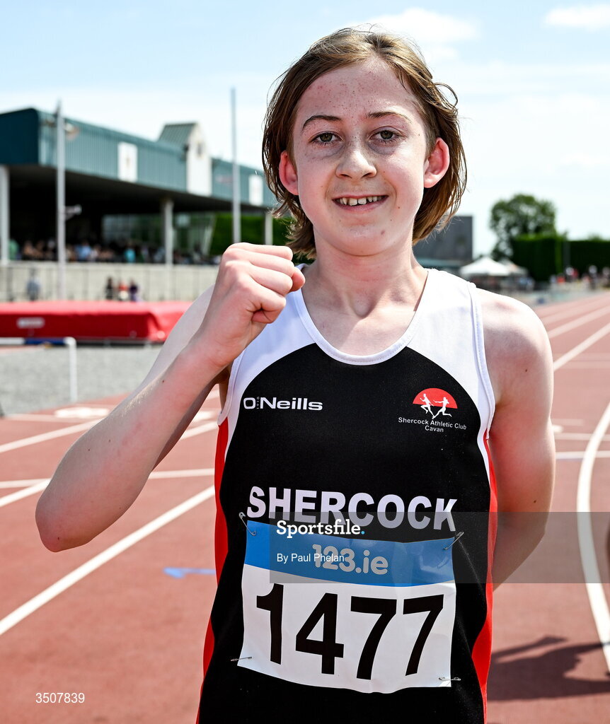 11 July 2026; Dylan O Reilly of Shercock A.C. wins the U15 boy's 1500m during day three of the 123.ie National Championships at Tullamore Harriers Athletics Club in Tullamore, Offaly. Photo by Paul Phelan/Sportsfile