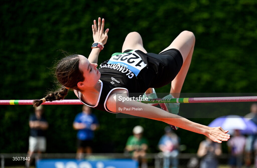11 July 2026; Aoife Ferguson of Clongriffin A.C. competes in the U17 girl's High Jump during day three of the 123.ie National Championships at Tullamore Harriers Athletics Club in Tullamore, Offaly. Photo by Paul Phelan/Sportsfile