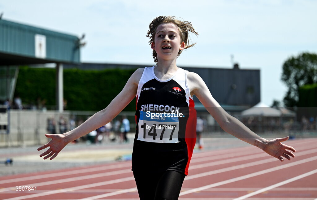 11 July 2026; Dylan O Reilly of Shercock A.C. wins the U15 boy's 1500m during day three of the 123.ie National Championships at Tullamore Harriers Athletics Club in Tullamore, Offaly. Photo by Paul Phelan/Sportsfile