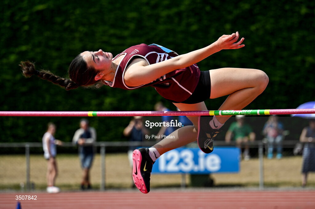 11 July 2026; Lorelle Houlihan of Crookstown Millview A.C. competes in the U17 girl's High Jump during day three of the 123.ie National Championships at Tullamore Harriers Athletics Club in Tullamore, Offaly. Photo by Paul Phelan/Sportsfile