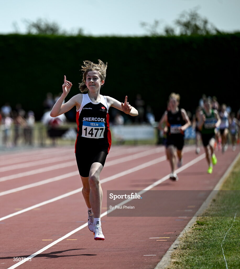 11 July 2026; Dylan O Reilly of Shercock A.C. wins the U15 boy's 1500m during day three of the 123.ie National Championships at Tullamore Harriers Athletics Club in Tullamore, Offaly. Photo by Paul Phelan/Sportsfile
