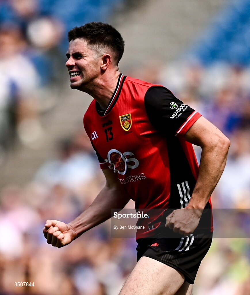 11 July 2026; John McGeough of Down celebrates after scoring his side's second goal during the Tailteann Cup final match between Down and Wicklow at Croke Park in Dublin. Photo by Ben McShane/Sportsfile