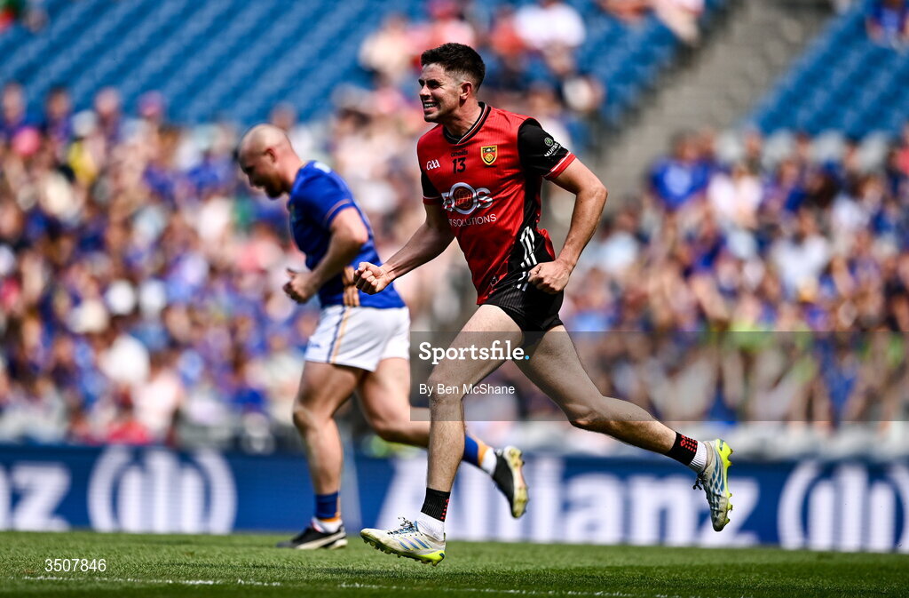 11 July 2026; John McGeough of Down celebrates after scoring his side's second goal during the Tailteann Cup final match between Down and Wicklow at Croke Park in Dublin. Photo by Ben McShane/Sportsfile