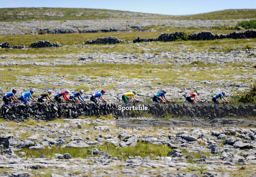 11 July 2026; A general view of the peloton during Stage 5 of 2026 Junior Tour of Ireland to Ballyallia Lake. Photo by Stephen McMahon/Sportsfile