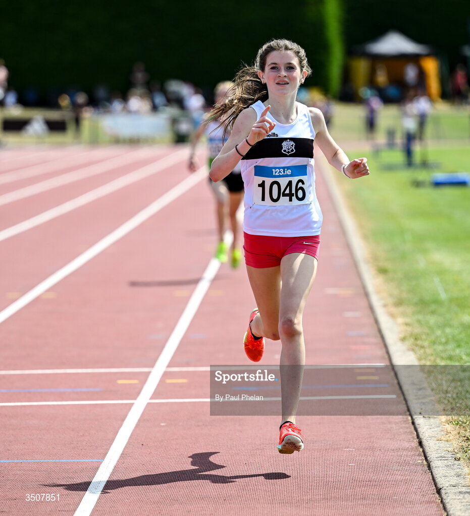 11 July 2026; Ailbhe Finucane of Donore Harriers A.C. wins the U15 girl's 1500m during day three of the 123.ie National Championships at Tullamore Harriers Athletics Club in Tullamore, Offaly. Photo by Paul Phelan/Sportsfile
