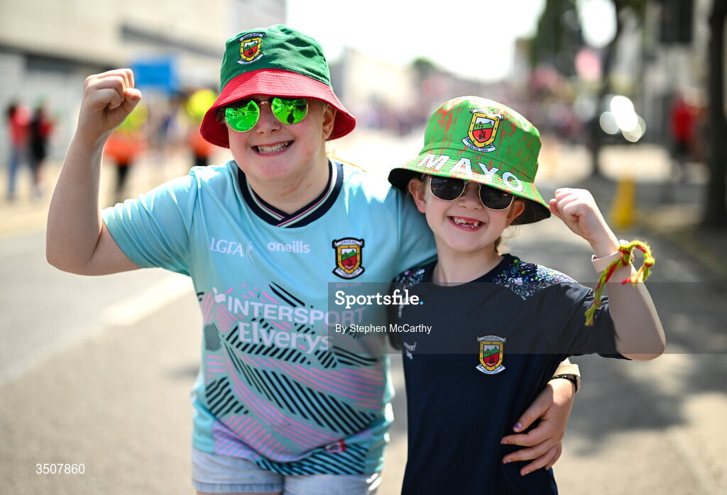 11 July 2026; Mayo supporters Anna Flaherty and Mia Clarke before the GAA Football All-Ireland Senior Championship semi-final match between Mayo and Louth at Croke Park in Dublin. Photo by Stephen McCarthy/Sportsfile