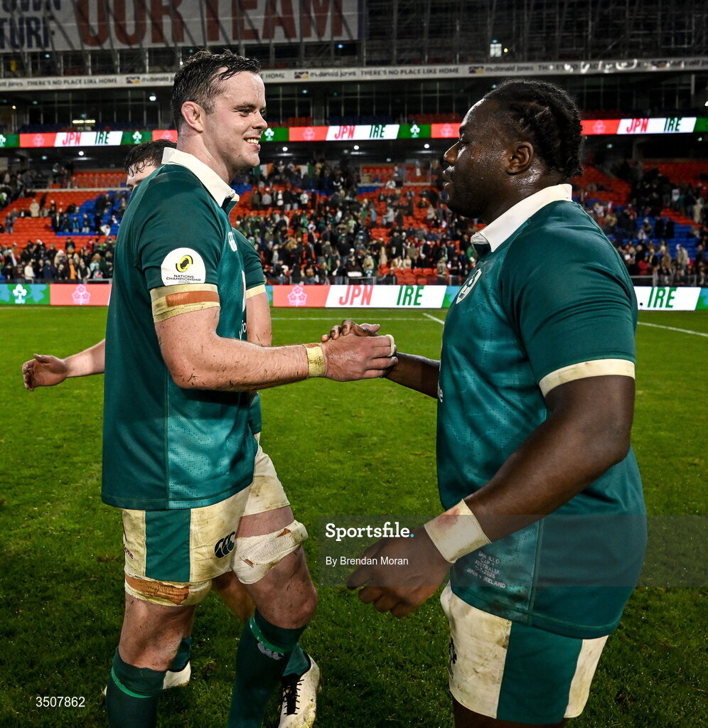 11 July 2026; James Ryan, left, and Sam Illo of Ireland after the 2026 Nations Championship Round Two match between Japan and Ireland at McDonald Jones Stadium in Newcastle, Australia. Photo by Brendan Moran/Sportsfile