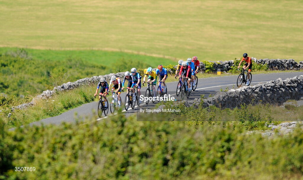 11 July 2026; A general view of the peloton during Stage 5 of 2026 Junior Tour of Ireland to Ballyallia Lake. Photo by Stephen McMahon/Sportsfile