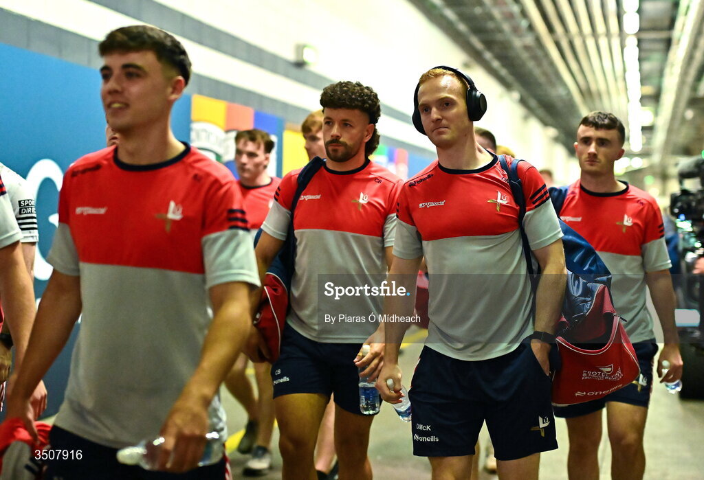 11 July 2026; Donal McKenny of Louth, second from right, before the GAA Football All-Ireland Senior Championship semi-final match between Mayo and Louth at Croke Park in Dublin. Photo by Piaras Ó Mídheach/Sportsfile