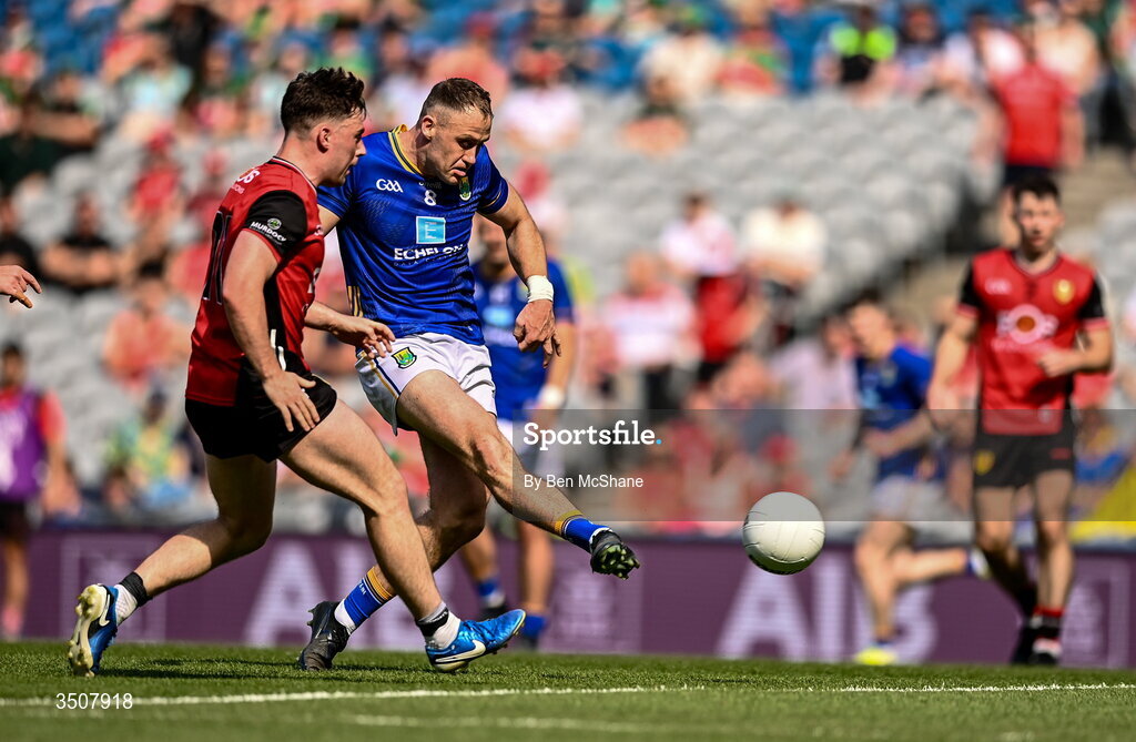 11 July 2026; Dean Healy of Wicklow scores his side's first goal during the Tailteann Cup final match between Down and Wicklow at Croke Park in Dublin. Photo by Ben McShane/Sportsfile