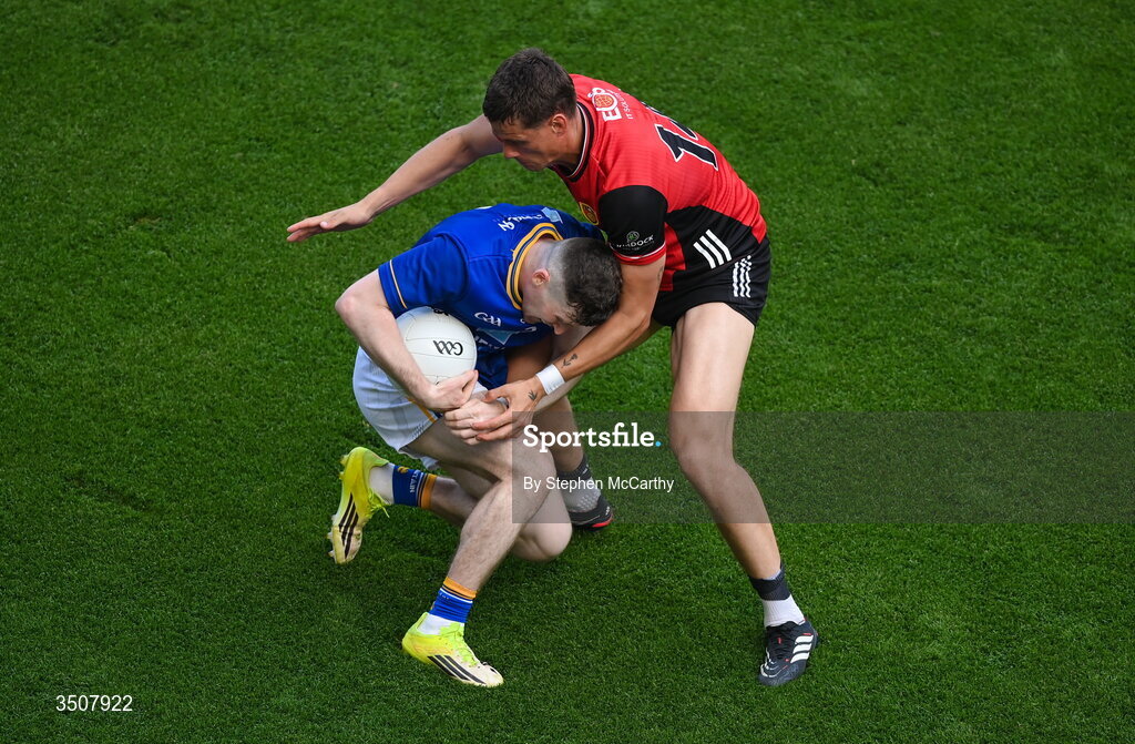 11 July 2026; Tom Moran of Wicklow in action against Pat Havern of Down during the Tailteann Cup final match between Down and Wicklow at Croke Park in Dublin. Photo by Stephen McCarthy/Sportsfile