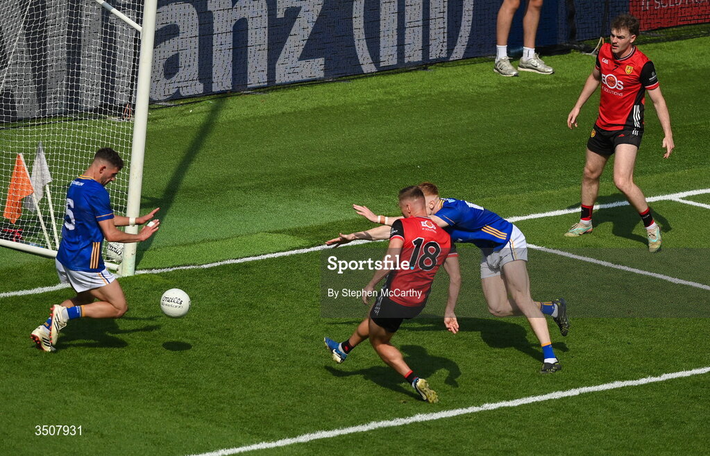 11 July 2026; Darragh Fee of Wicklow blocks the shot of Caolan Mooney of Down during the Tailteann Cup final match between Down and Wicklow at Croke Park in Dublin. Photo by Stephen McCarthy/Sportsfile