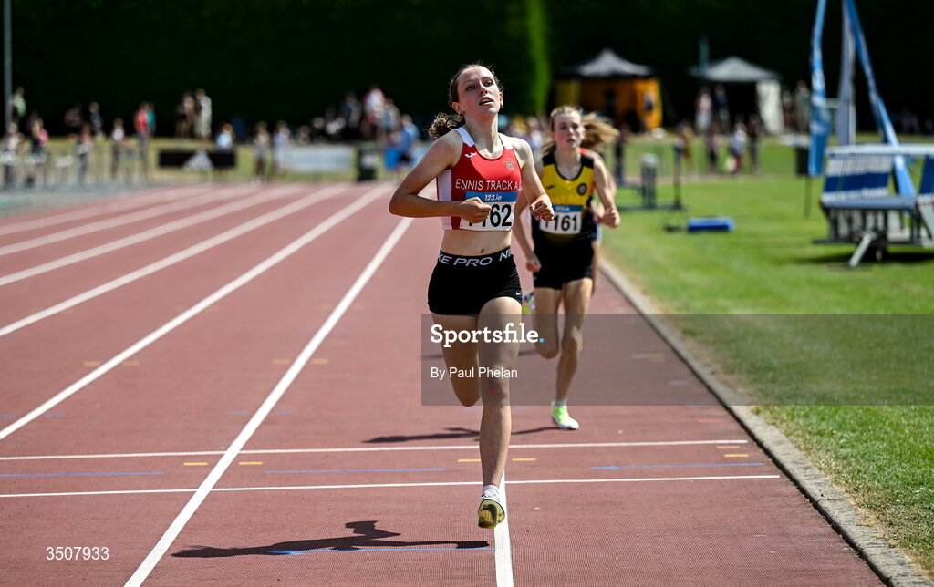 11 July 2026; Aisling Kelly of Ennis Track A.C. wins the U17 girl's 1500m during day three of the 123.ie National Championships at Tullamore Harriers Athletics Club in Tullamore, Offaly. Photo by Paul Phelan/Sportsfile