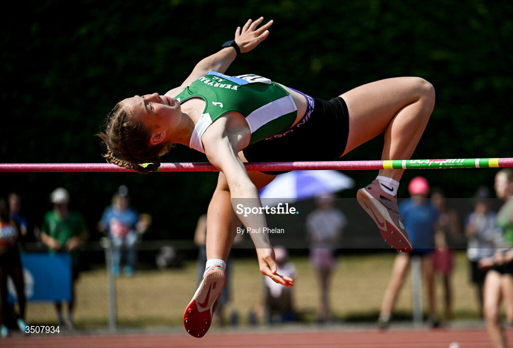 11 July 2026; Stockwell Ruby of Ferrybank A.C. competes in the U17 girl's High Jump during day three of the 123.ie National Championships at Tullamore Harriers Athletics Club in Tullamore, Offaly. Photo by Paul Phelan/Sportsfile