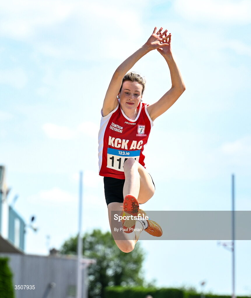 11 July 2026; Lily May Queally of K.C.K. A.C. competes in the U16 girl's Long Jump during day three of the 123.ie National Championships at Tullamore Harriers Athletics Club in Tullamore, Offaly. Photo by Paul Phelan/Sportsfile