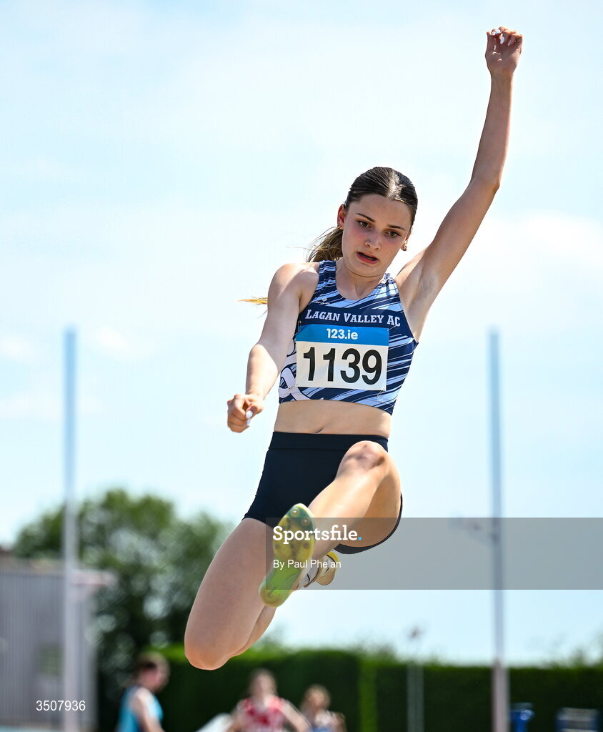 11 July 2026; Rebekah Abbott of Lagan Valley A.C. competes in the U16 girl's Long Jump during day three of the 123.ie National Championships at Tullamore Harriers Athletics Club in Tullamore, Offaly. Photo by Paul Phelan/Sportsfile