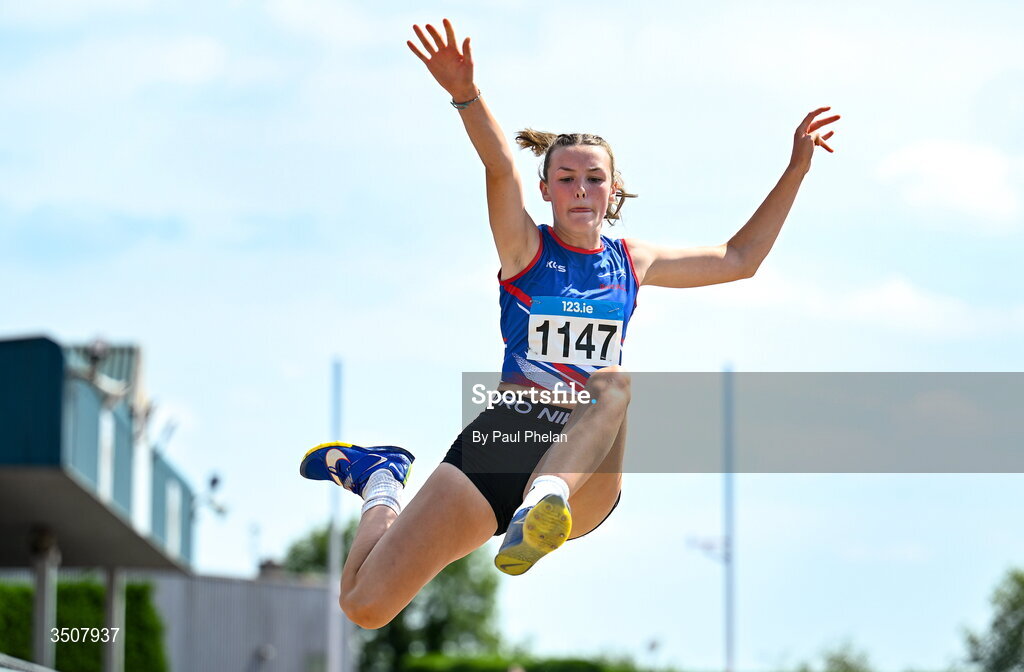 11 July 2026; Ava Wilson of Bree A.C. competes in the U16 girl's Long Jump during day three of the 123.ie National Championships at Tullamore Harriers Athletics Club in Tullamore, Offaly. Photo by Paul Phelan/Sportsfile